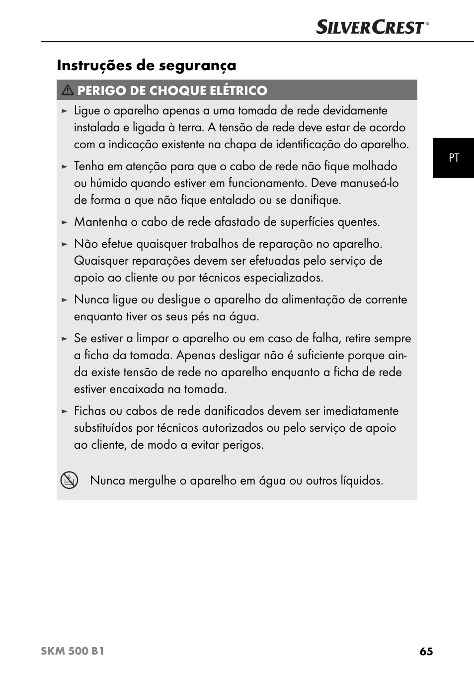 Instruções de segurança, Perigo de choque elétrico | Silvercrest SKM 500 B1 User Manual | Page 68 / 154