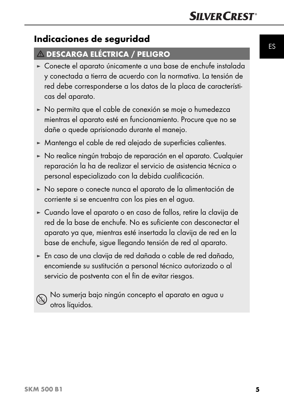 Indicaciones de seguridad, Descarga eléctrica / peligro | Silvercrest SKM 500 B1 User Manual | Page 8 / 154