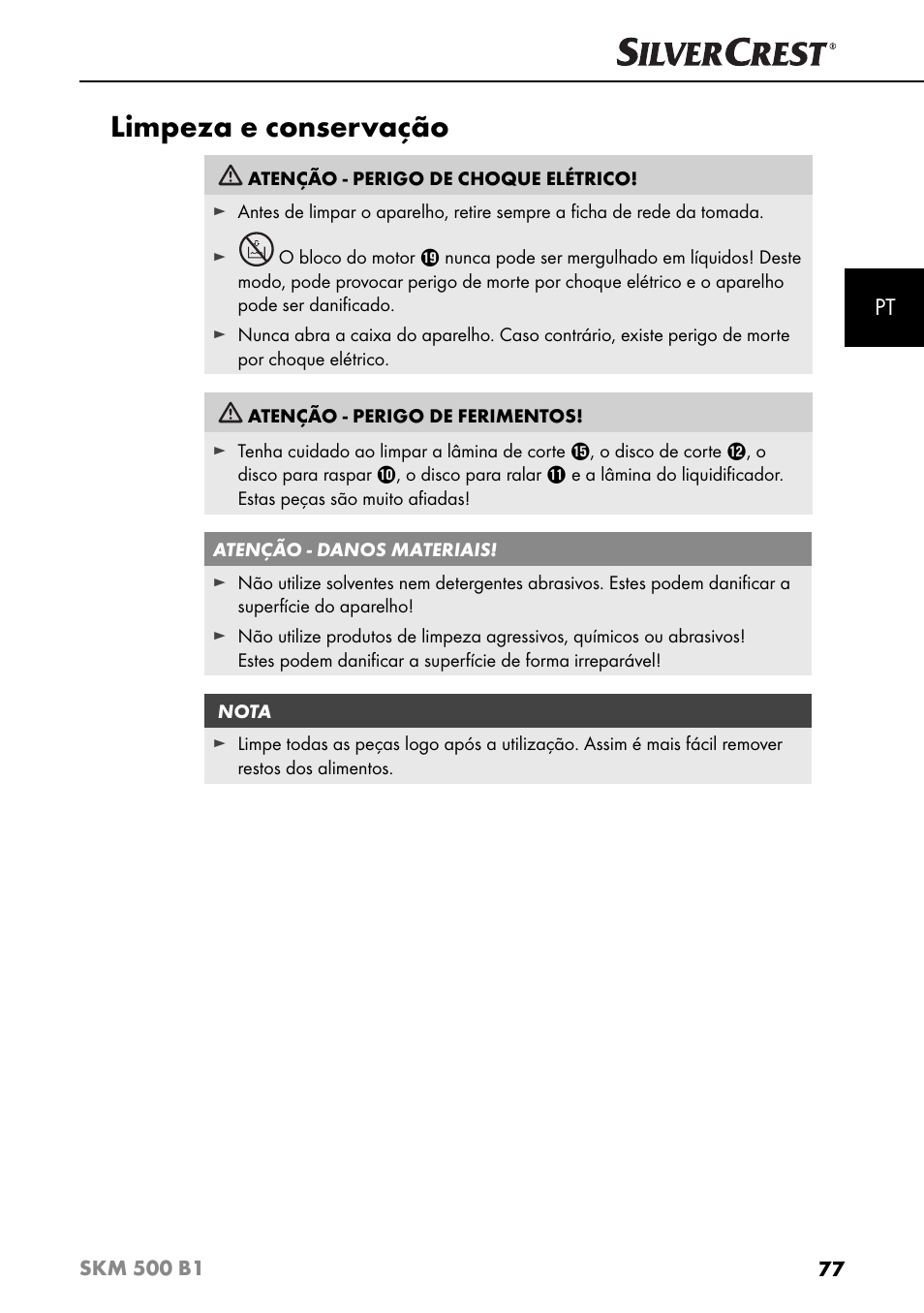 Limpeza e conservação | Silvercrest SKM 500 B1 User Manual | Page 80 / 154