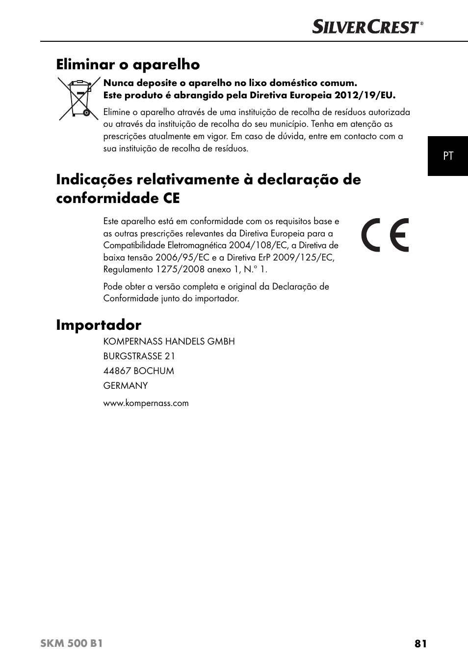 Eliminar o aparelho, Importador | Silvercrest SKM 500 B1 User Manual | Page 84 / 154