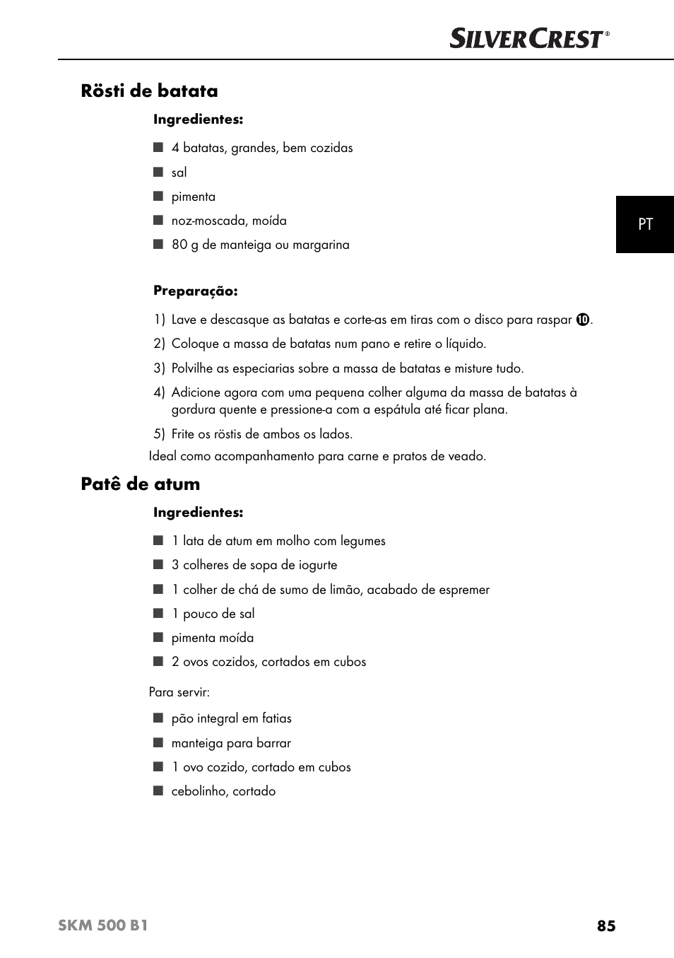 Rösti de batata, Patê de atum | Silvercrest SKM 500 B1 User Manual | Page 88 / 154