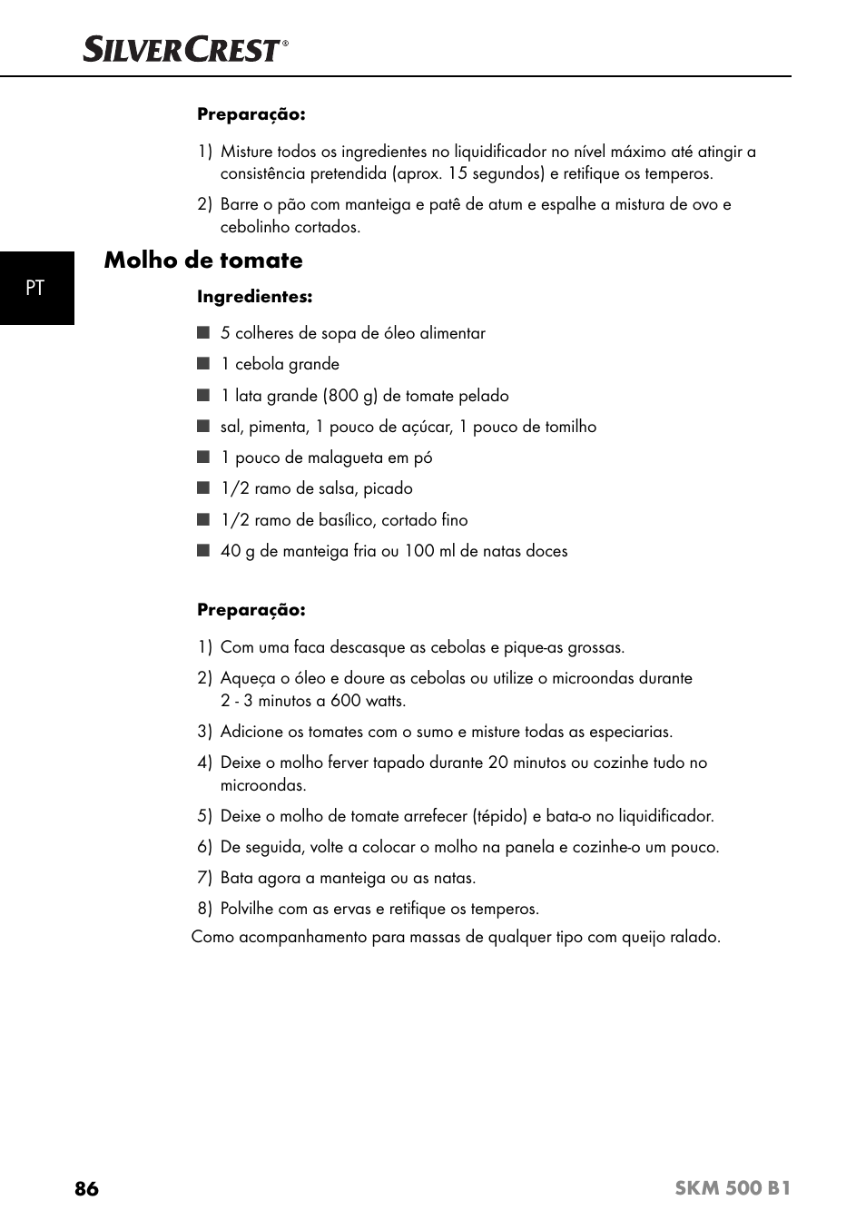 Molho de tomate | Silvercrest SKM 500 B1 User Manual | Page 89 / 154