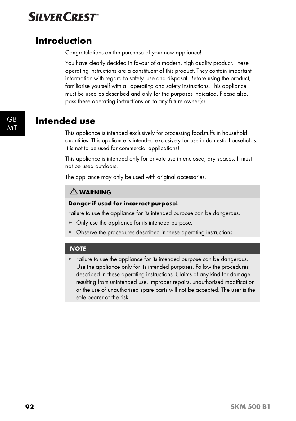 Introduction, Intended use, Gb mt | Silvercrest SKM 500 B1 User Manual | Page 95 / 154