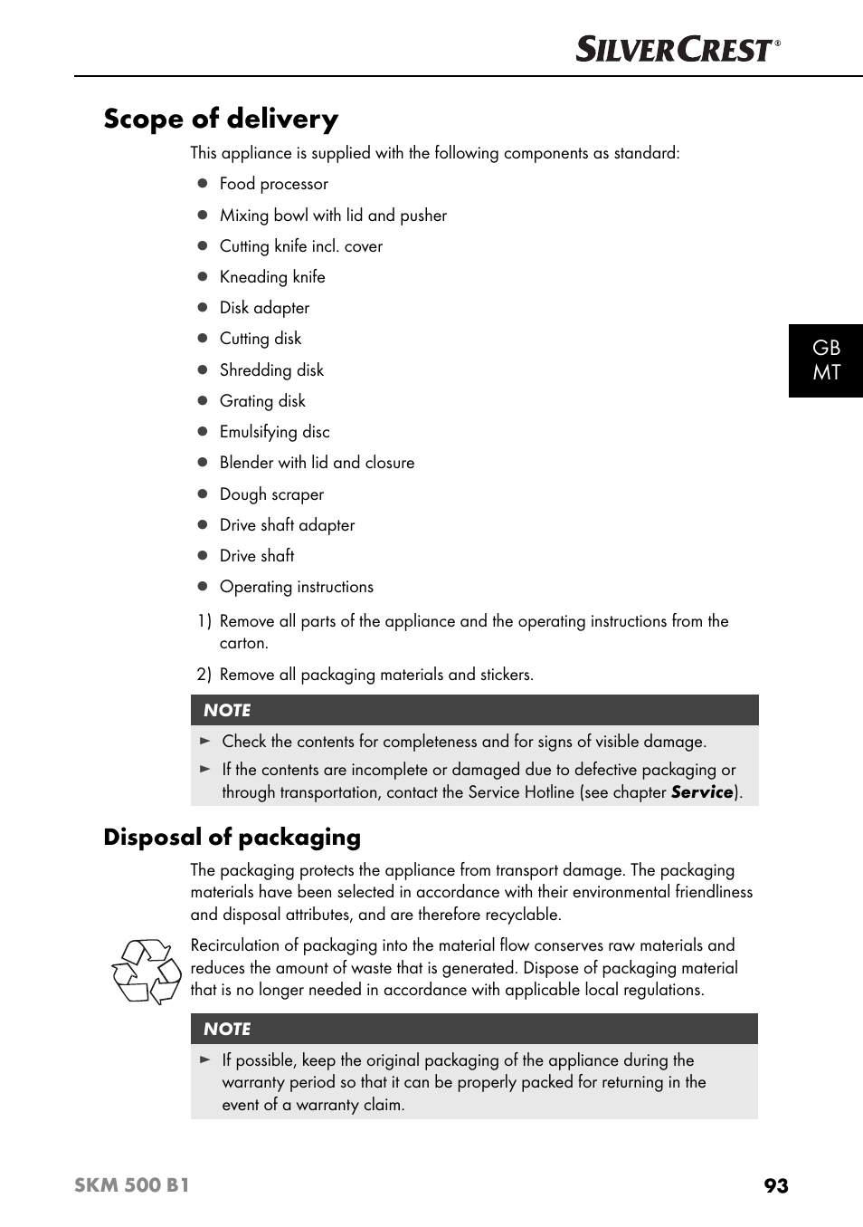 Scope of delivery, Disposal of packaging, Gb mt | Silvercrest SKM 500 B1 User Manual | Page 96 / 154