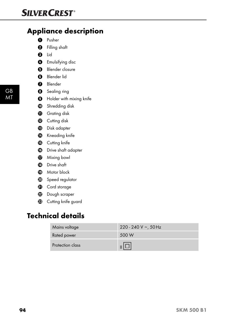 Appliance description, Technical details, Gb mt | Silvercrest SKM 500 B1 User Manual | Page 97 / 154