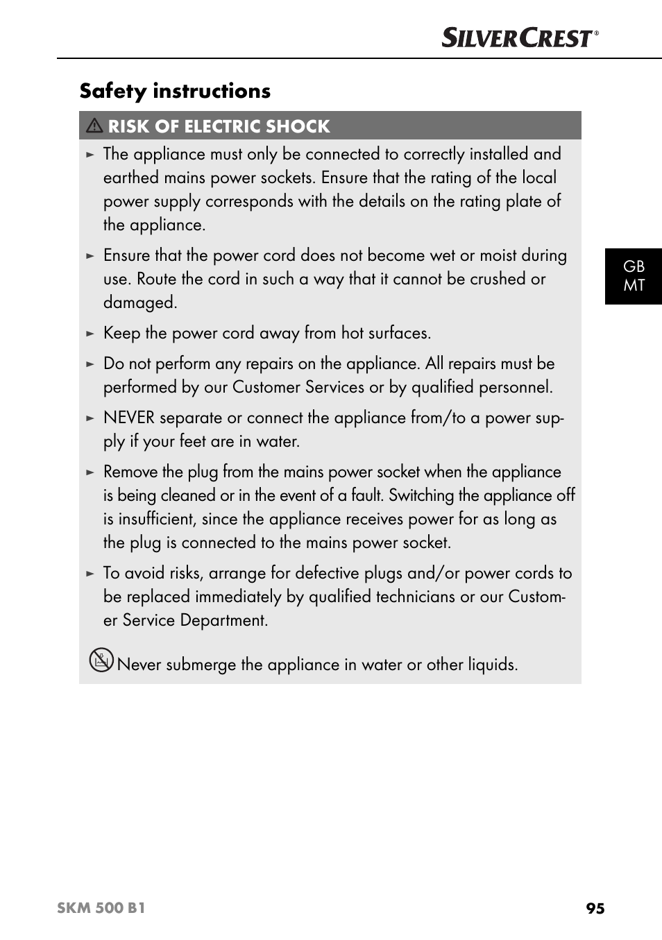 Safety instructions, Risk of electric shock, Keep the power cord away from hot surfaces | Silvercrest SKM 500 B1 User Manual | Page 98 / 154