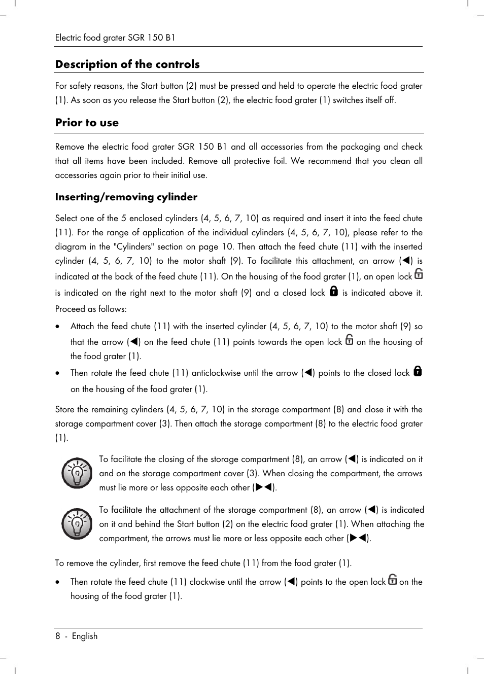Description of the controls, Prior to use | Silvercrest SGR 150 B1 User Manual | Page 10 / 106