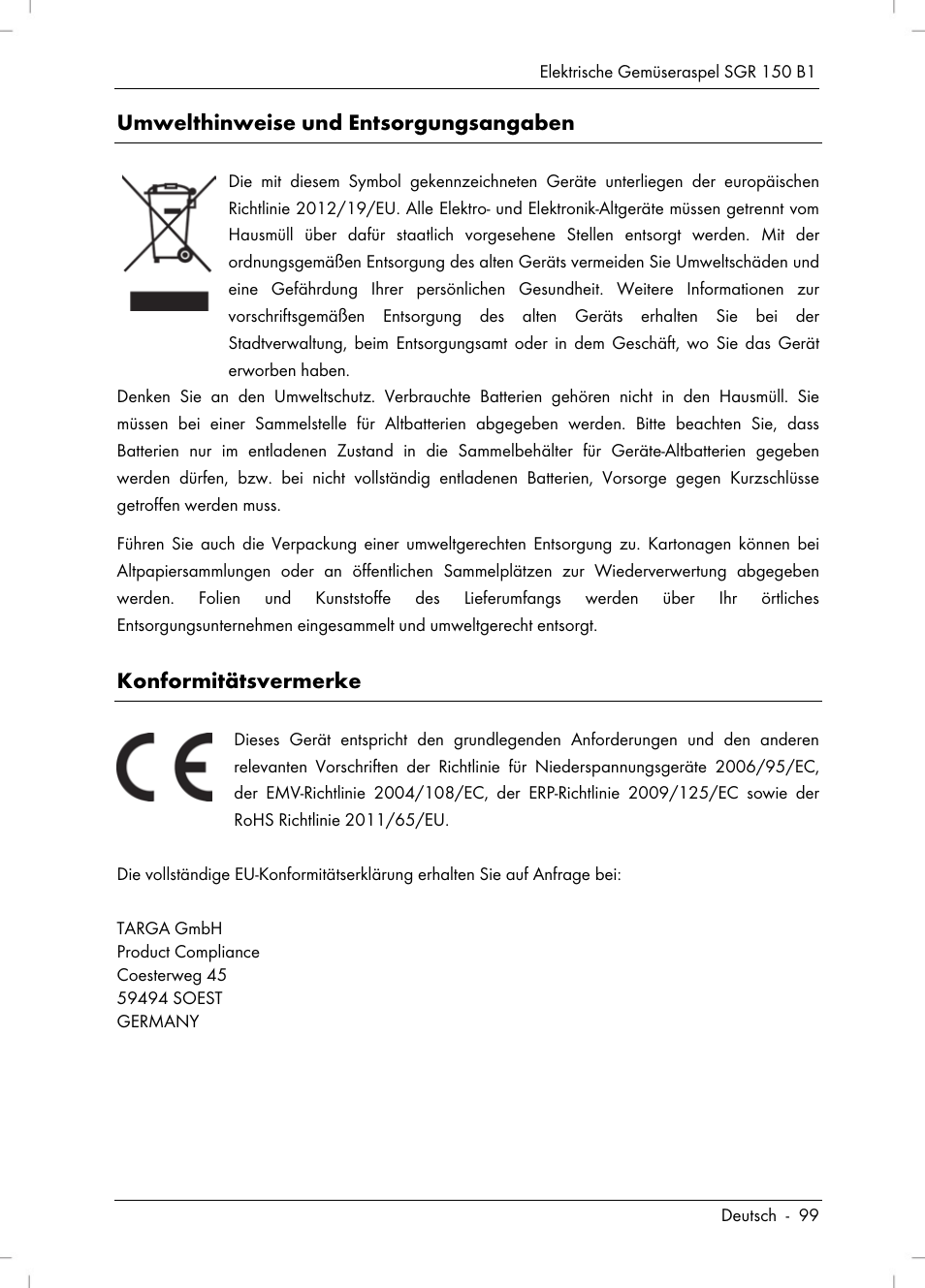 Umwelthinweise und entsorgungsangaben, Konformitätsvermerke | Silvercrest SGR 150 B1 User Manual | Page 101 / 106