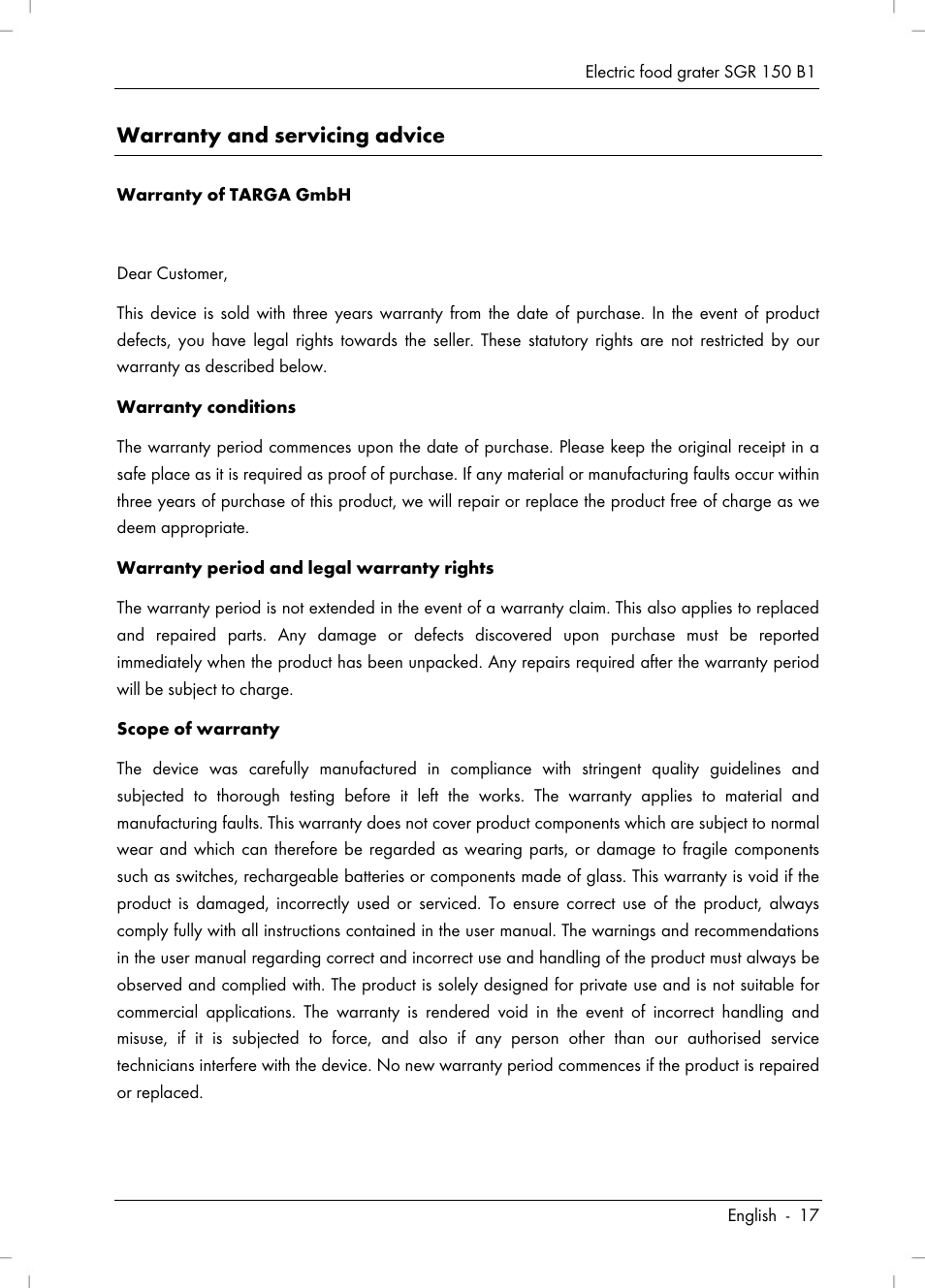 Warranty and servicing advice | Silvercrest SGR 150 B1 User Manual | Page 19 / 106