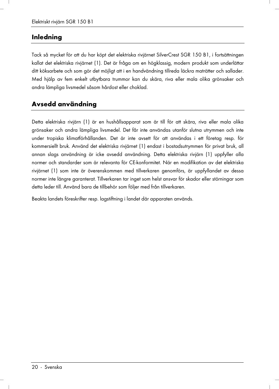 Inledning, Avsedd användning | Silvercrest SGR 150 B1 User Manual | Page 22 / 106