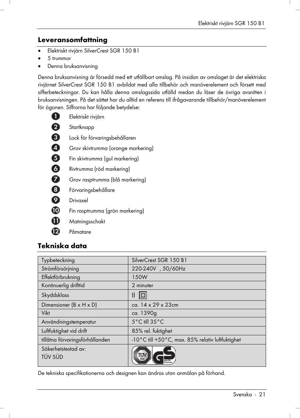 Leveransomfattning, Tekniska data | Silvercrest SGR 150 B1 User Manual | Page 23 / 106