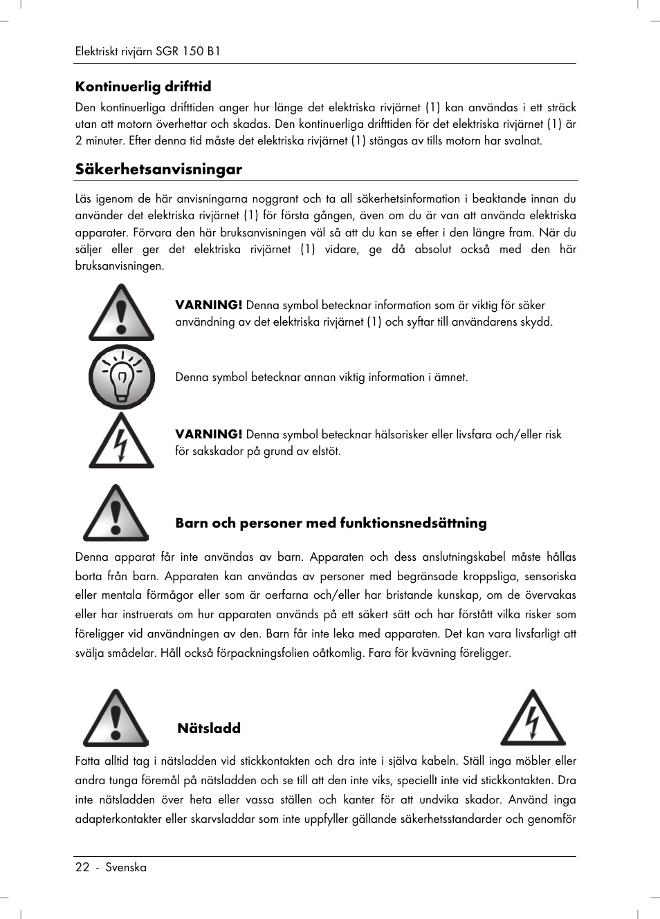 Säkerhetsanvisningar | Silvercrest SGR 150 B1 User Manual | Page 24 / 106