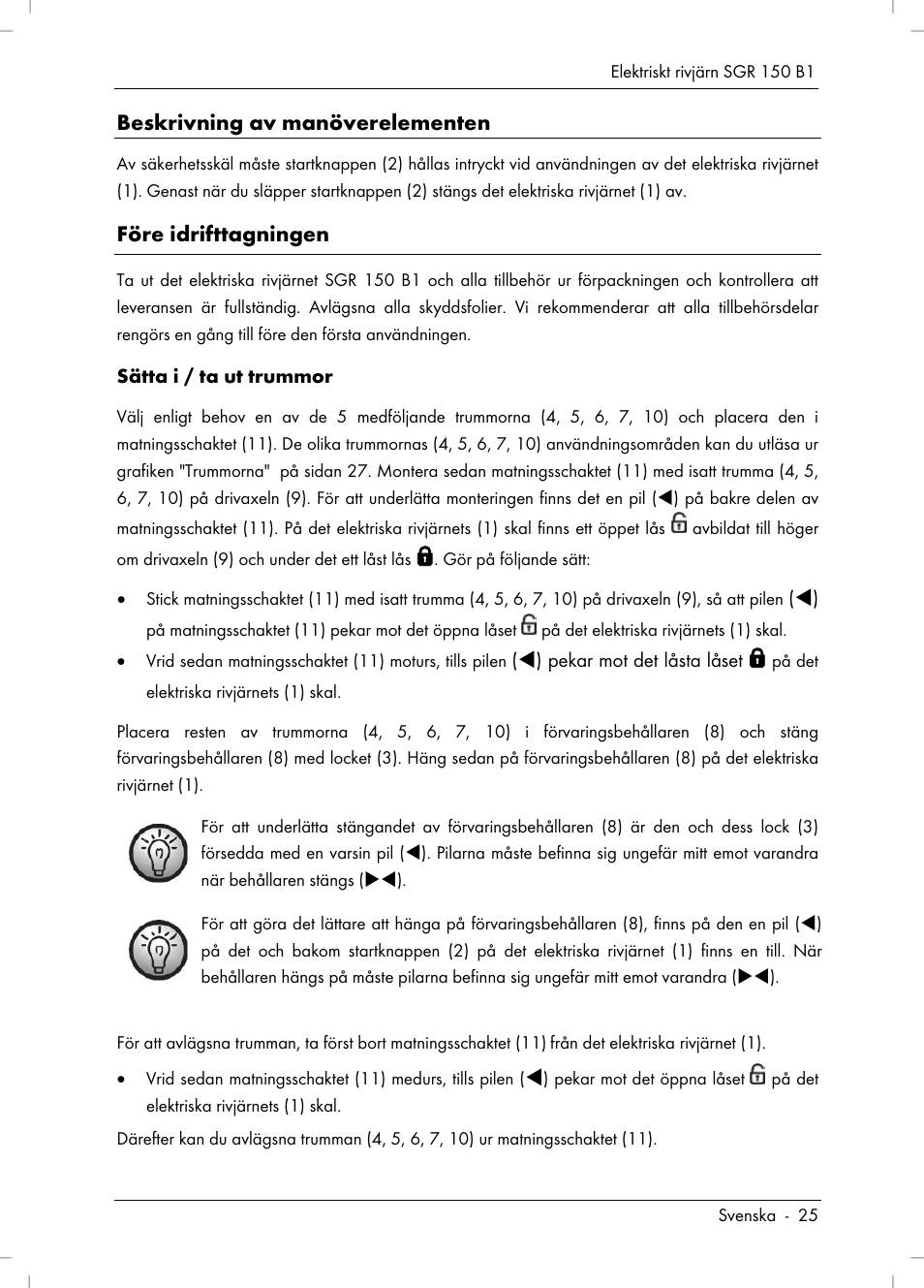 Beskrivning av manöverelementen, Före idrifttagningen | Silvercrest SGR 150 B1 User Manual | Page 27 / 106