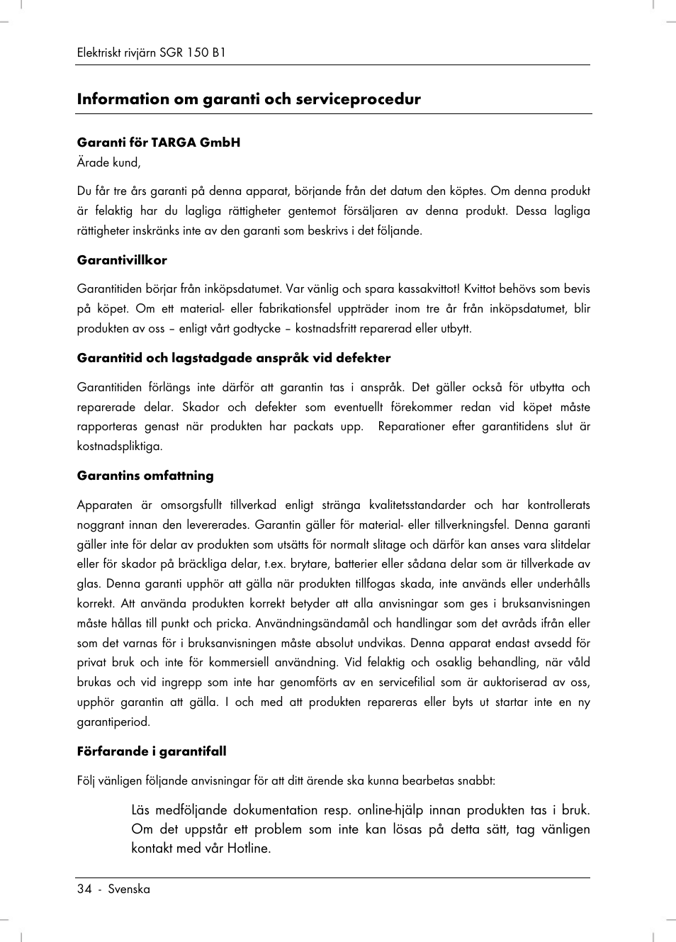Information om garanti och serviceprocedur | Silvercrest SGR 150 B1 User Manual | Page 36 / 106