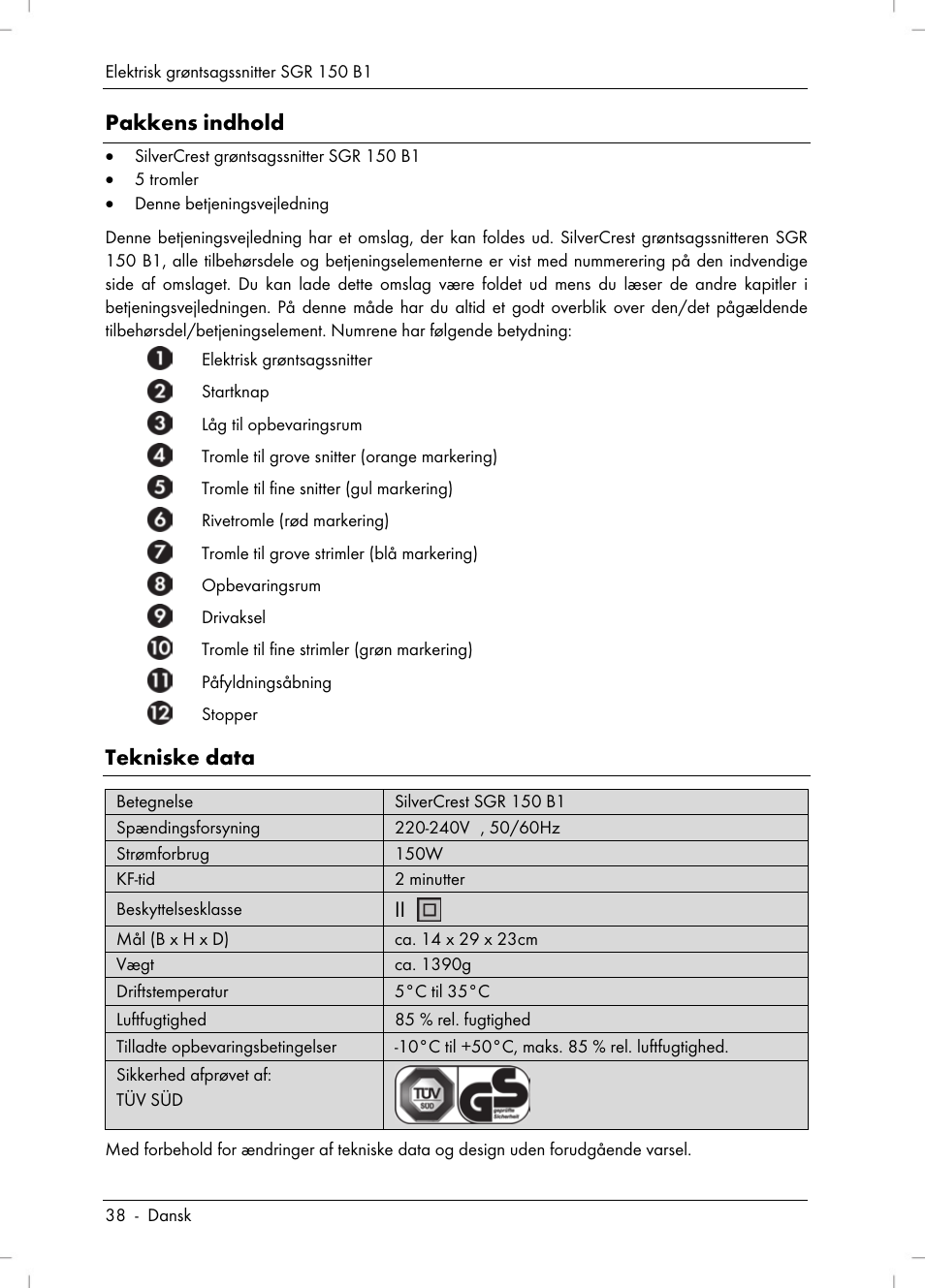 Pakkens indhold, Tekniske data | Silvercrest SGR 150 B1 User Manual | Page 40 / 106