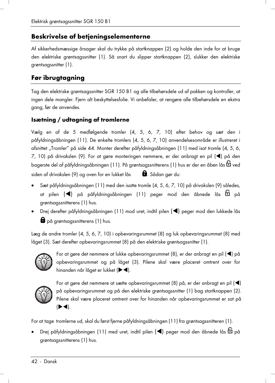 Beskrivelse af betjeningselementerne, Før ibrugtagning | Silvercrest SGR 150 B1 User Manual | Page 44 / 106