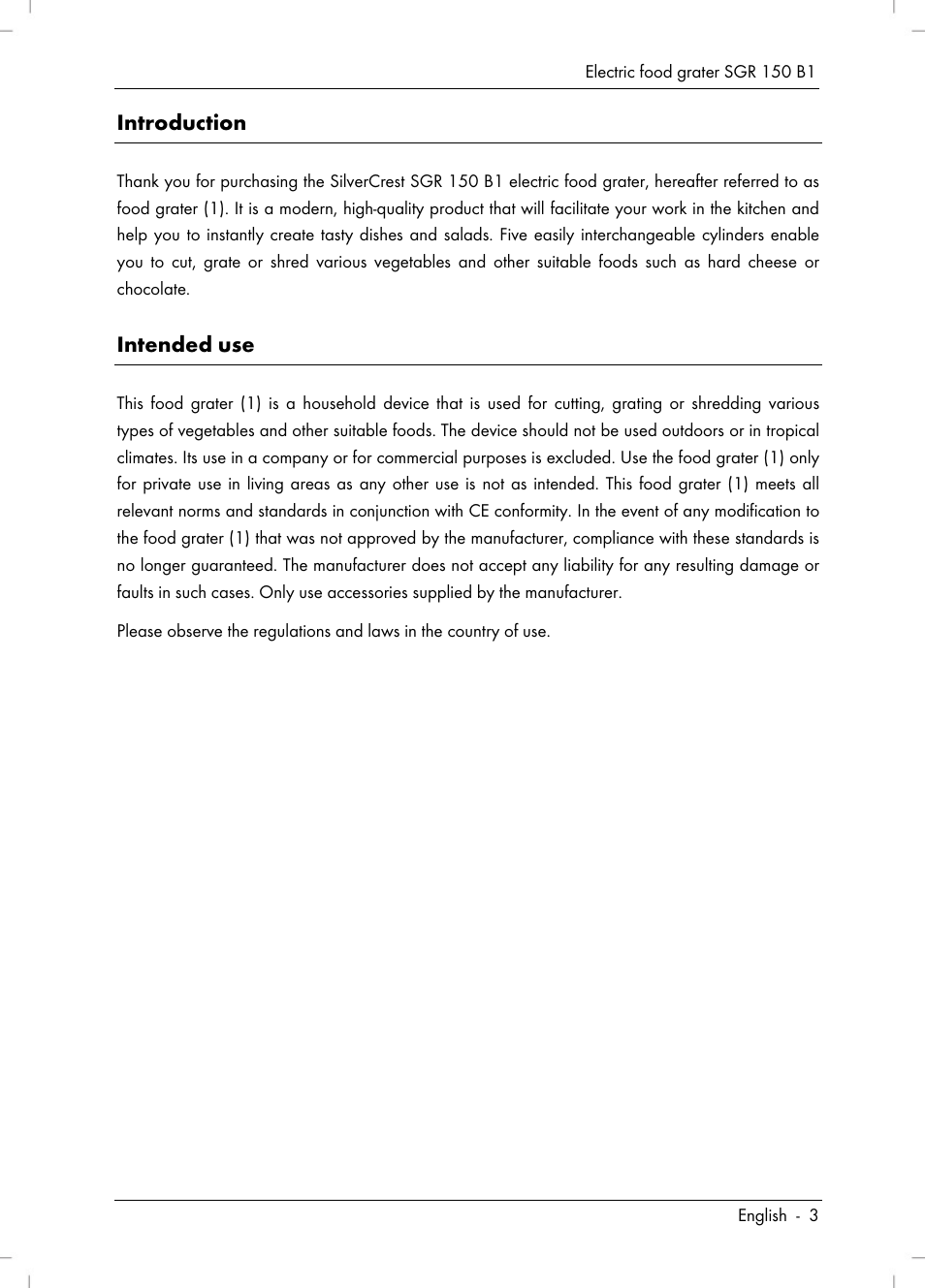 Introduction, Intended use | Silvercrest SGR 150 B1 User Manual | Page 5 / 106