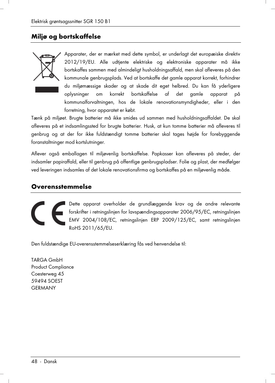 Miljø og bortskaffelse, Overensstemmelse | Silvercrest SGR 150 B1 User Manual | Page 50 / 106