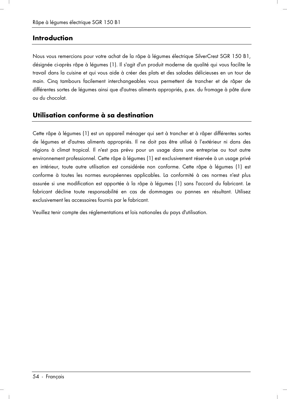 Introduction, Utilisation conforme à sa destination | Silvercrest SGR 150 B1 User Manual | Page 56 / 106