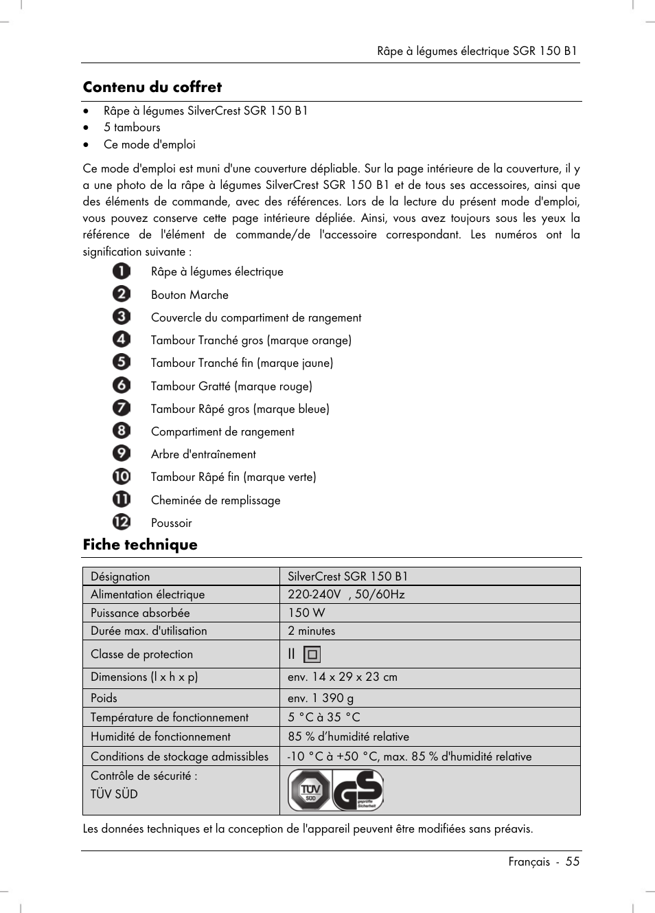 Contenu du coffret, Fiche technique | Silvercrest SGR 150 B1 User Manual | Page 57 / 106