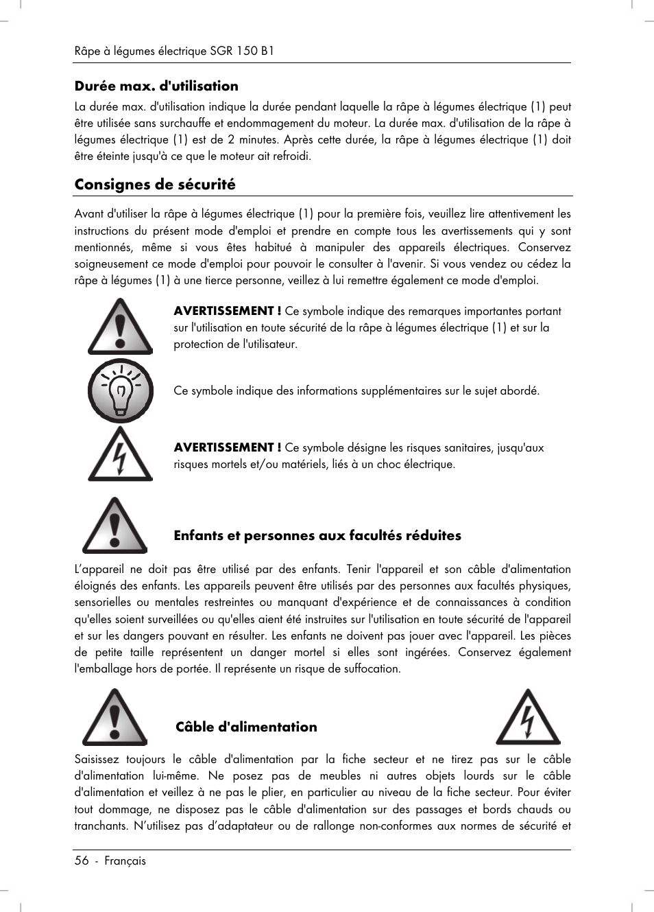 Consignes de sécurité | Silvercrest SGR 150 B1 User Manual | Page 58 / 106