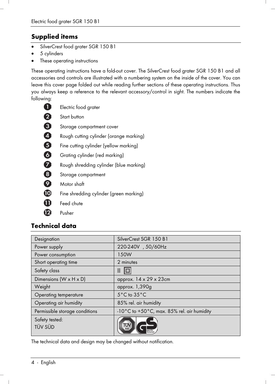 Supplied items, Technical data | Silvercrest SGR 150 B1 User Manual | Page 6 / 106