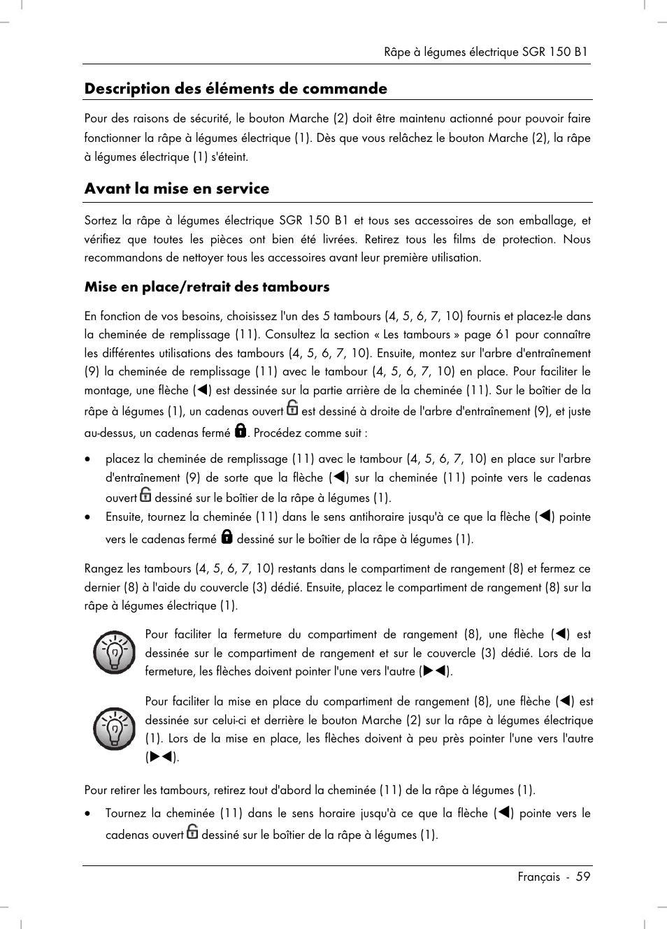 Description des éléments de commande, Avant la mise en service | Silvercrest SGR 150 B1 User Manual | Page 61 / 106