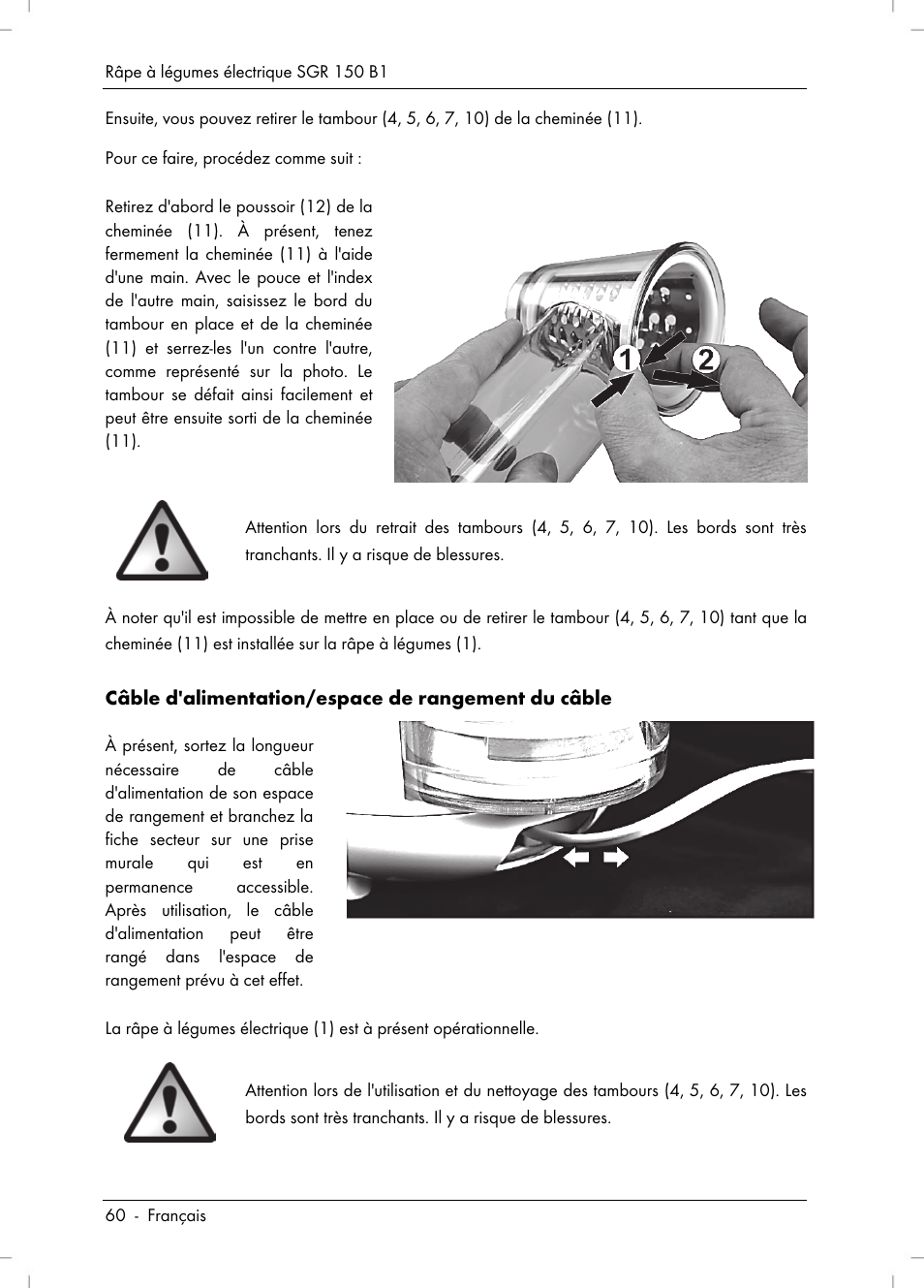 Câble d'alimentation/espace de rangement du câble | Silvercrest SGR 150 B1 User Manual | Page 62 / 106