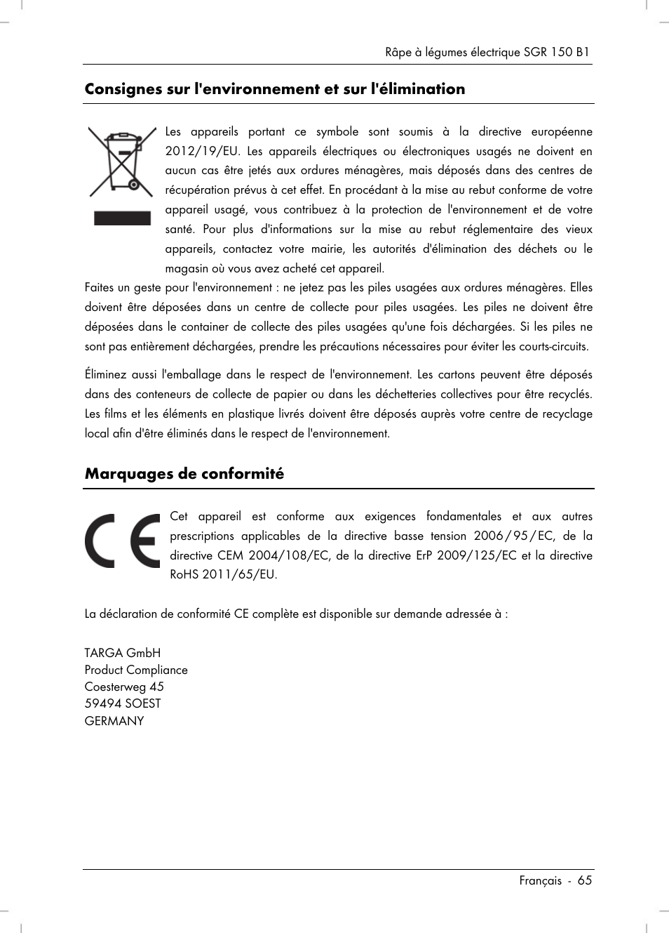Consignes sur l'environnement et sur l'élimination, Marquages de conformité | Silvercrest SGR 150 B1 User Manual | Page 67 / 106