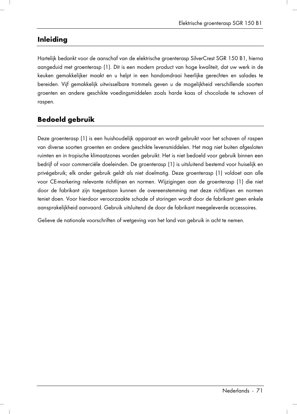 Inleiding, Bedoeld gebruik | Silvercrest SGR 150 B1 User Manual | Page 73 / 106