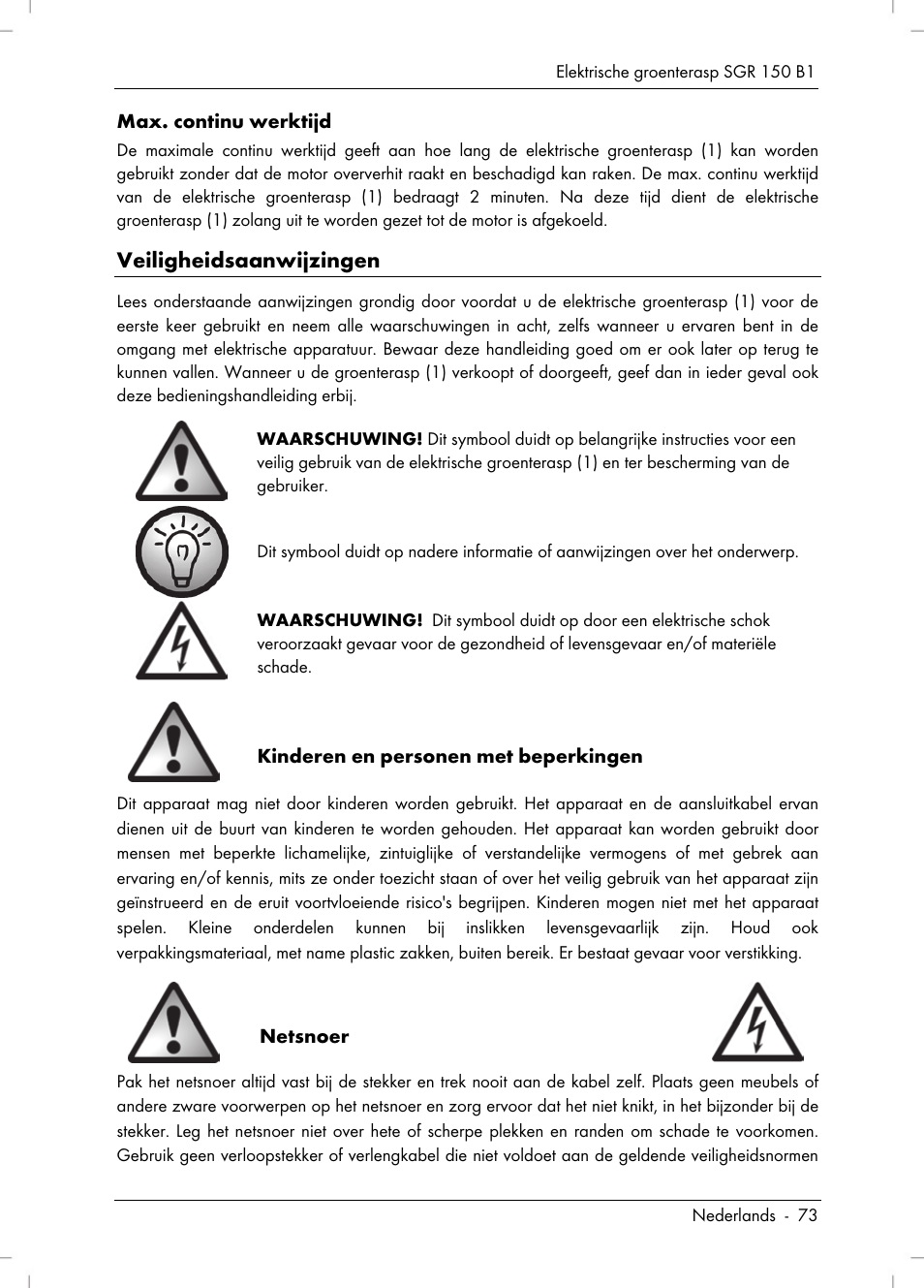 Veiligheidsaanwijzingen | Silvercrest SGR 150 B1 User Manual | Page 75 / 106
