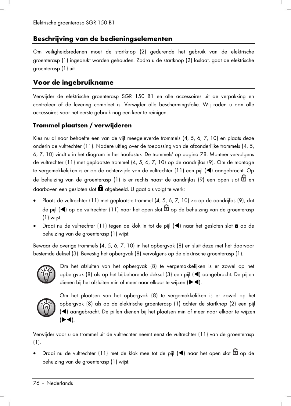 Beschrijving van de bedieningselementen, Voor de ingebruikname | Silvercrest SGR 150 B1 User Manual | Page 78 / 106