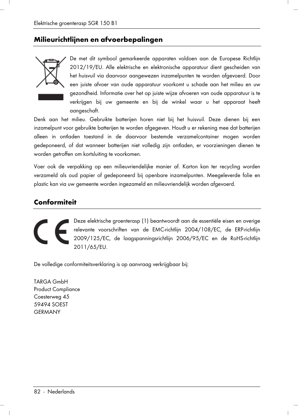 Milieurichtlijnen en afvoerbepalingen, Conformiteit | Silvercrest SGR 150 B1 User Manual | Page 84 / 106