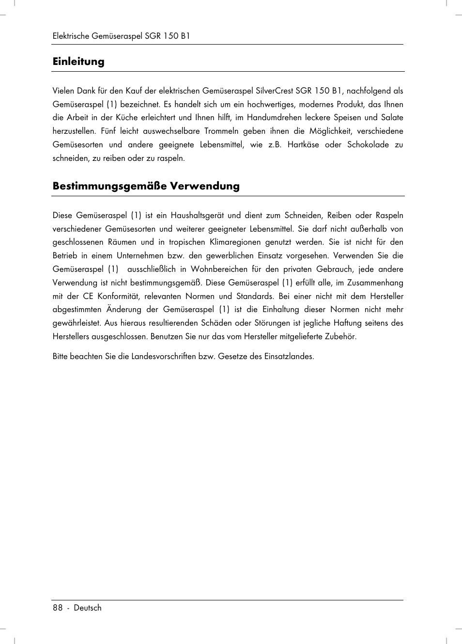 Einleitung, Bestimmungsgemäße verwendung | Silvercrest SGR 150 B1 User Manual | Page 90 / 106