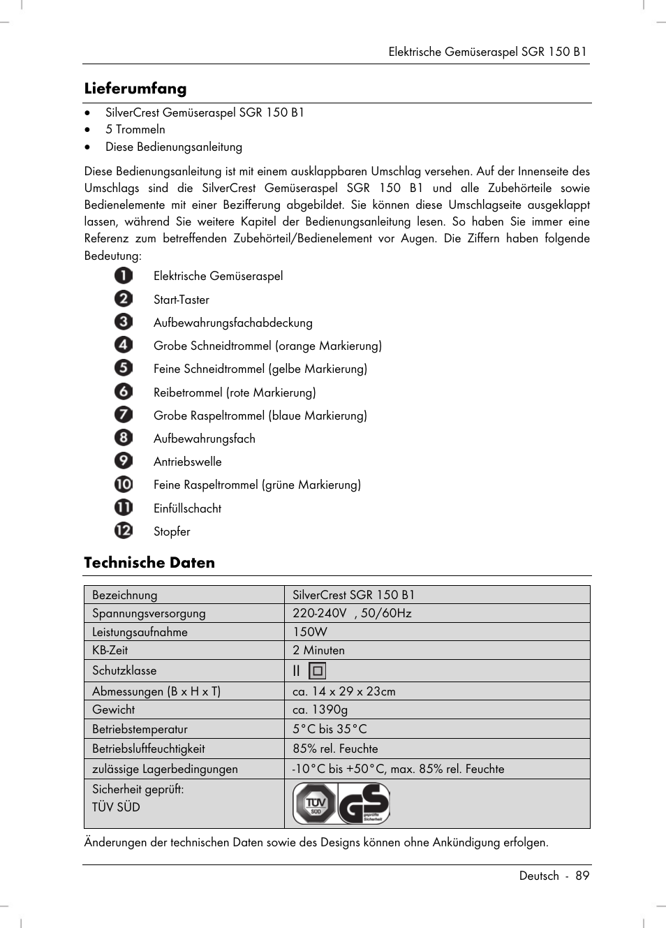 Lieferumfang, Technische daten | Silvercrest SGR 150 B1 User Manual | Page 91 / 106