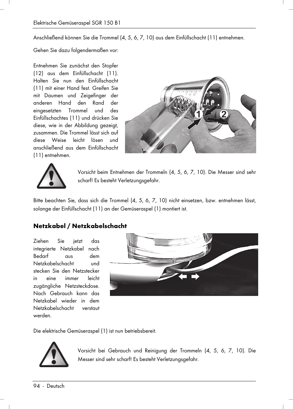 Netzkabel / netzkabelschacht | Silvercrest SGR 150 B1 User Manual | Page 96 / 106