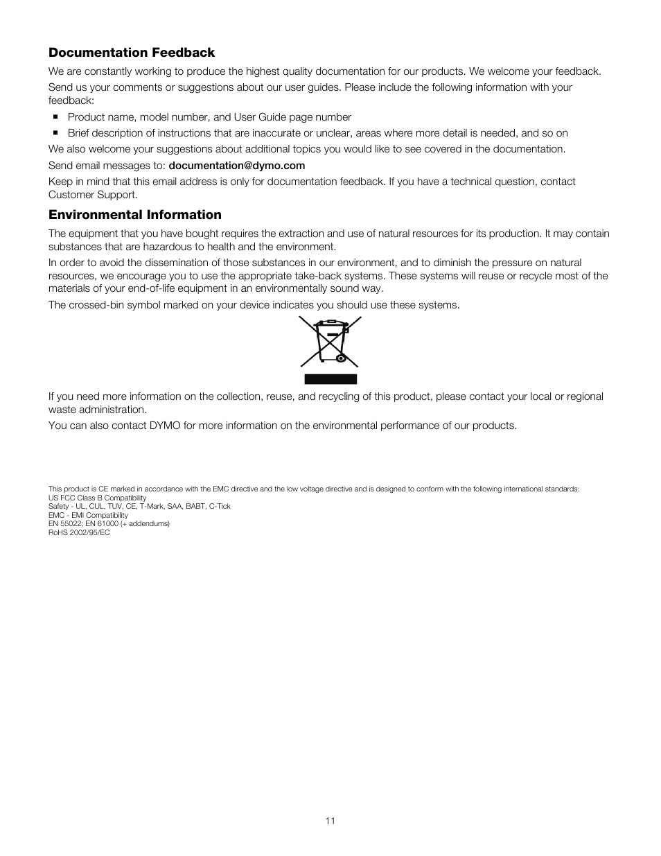 Documentation feedback, Environmental information, Documentation feedback environmental information | Dymo 160 User Manual | Page 11 / 11