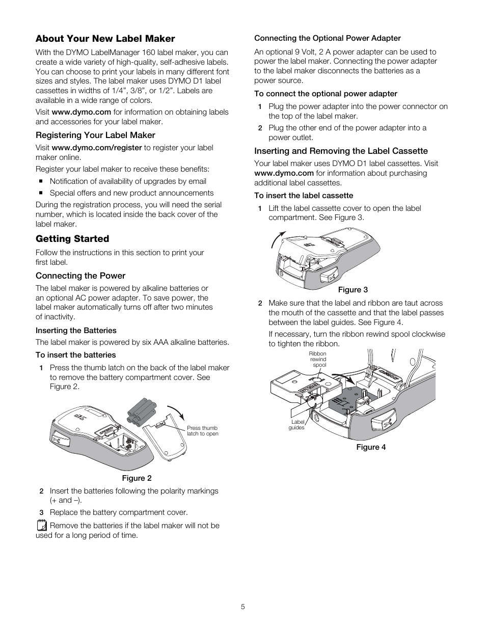 About your new label maker, Registering your label maker, Getting started | Connecting the power, Inserting the batteries, Connecting the optional power adapter, Inserting and removing the label cassette | Dymo 160 User Manual | Page 5 / 11