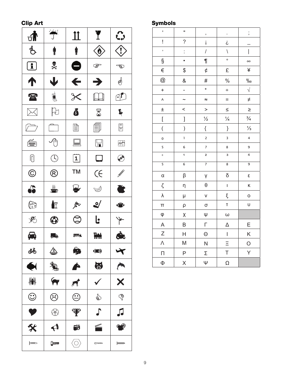 Clip art, Symbols, Clip art symbols | Dymo 160 User Manual | Page 9 / 11