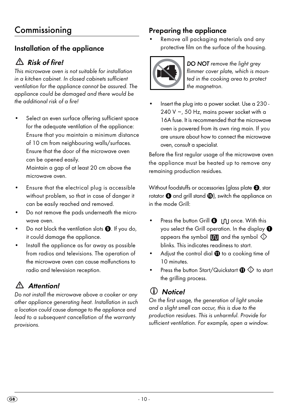 Commissioning, Installation of the appliance risk of fire, Attention | Preparing the appliance, Notice | Silvercrest SMW 800 B2 User Manual | Page 13 / 91