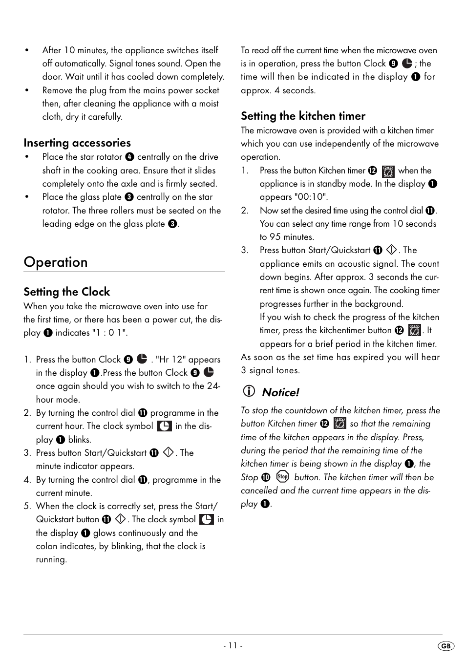 Operation, Inserting accessories, Setting the clock | Setting the kitchen timer, Notice | Silvercrest SMW 800 B2 User Manual | Page 14 / 91