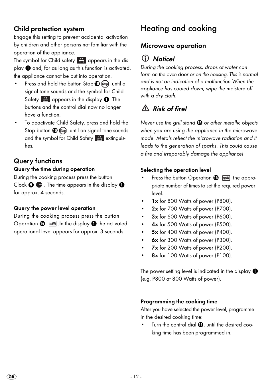 Heating and cooking, Child protection system, Query functions | Microwave operation notice, Risk of fire | Silvercrest SMW 800 B2 User Manual | Page 15 / 91