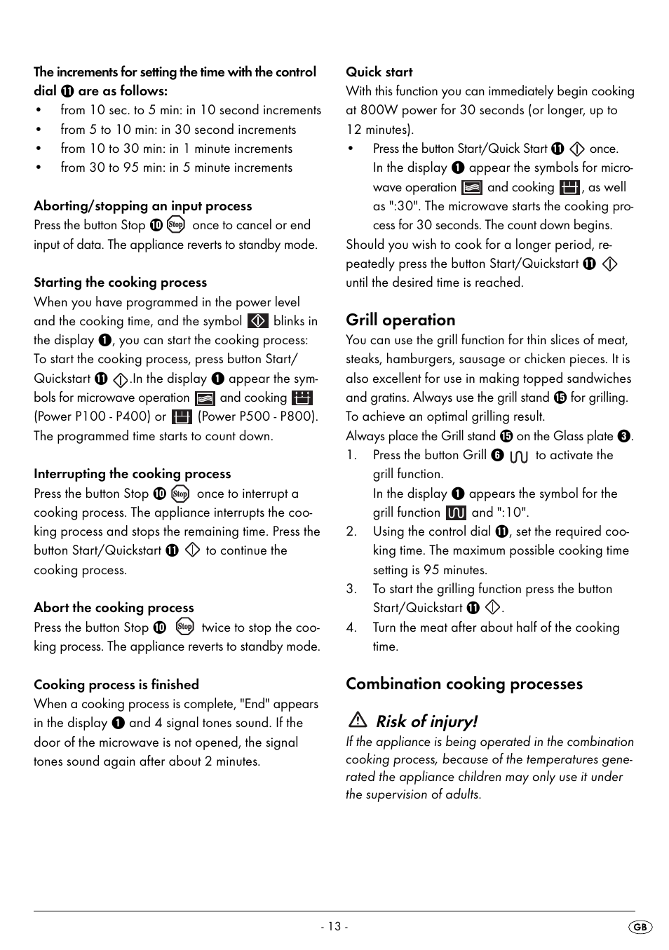 Grill operation, Combination cooking processes risk of injury | Silvercrest SMW 800 B2 User Manual | Page 16 / 91