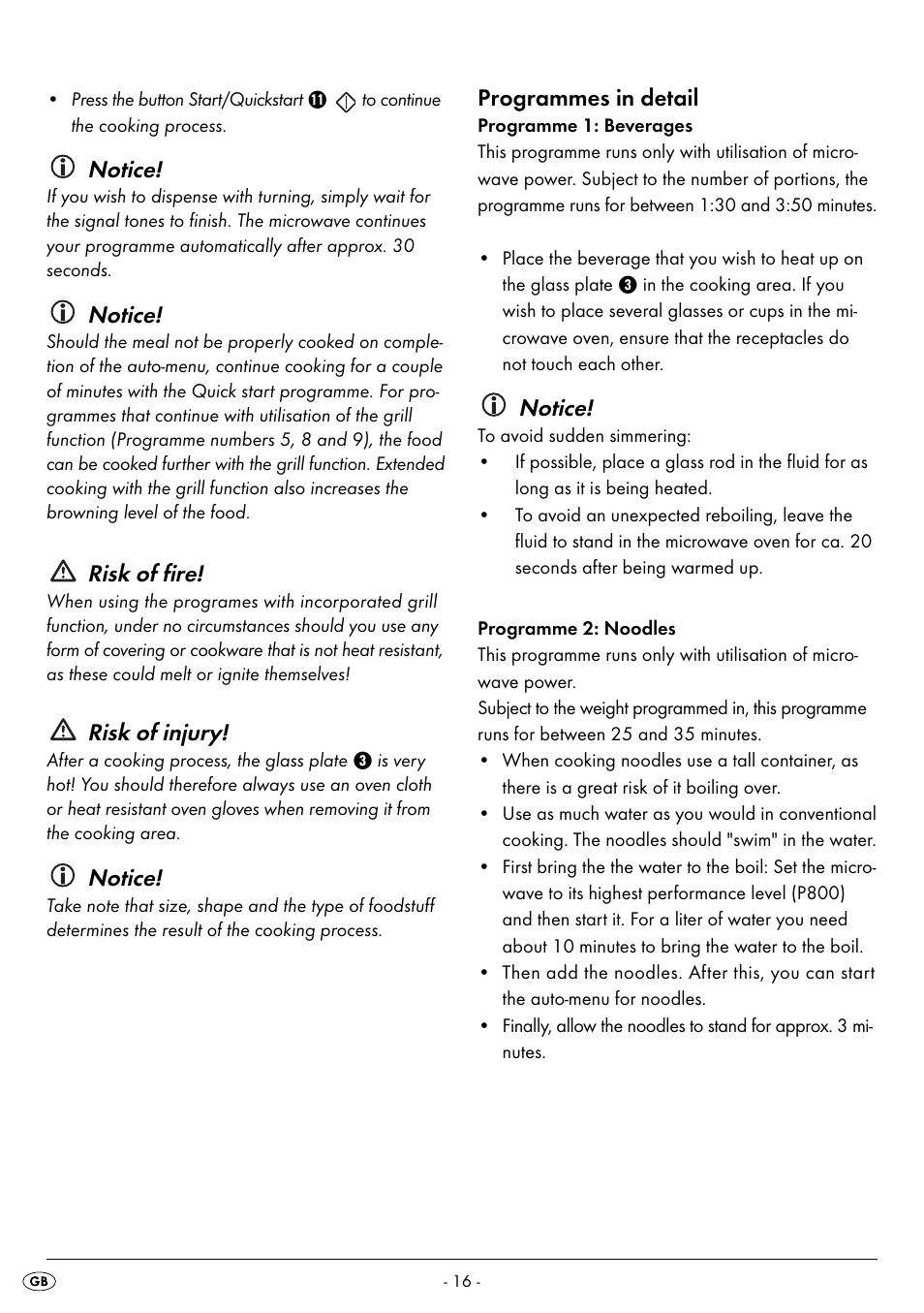 Notice, Risk of fire, Risk of injury | Programmes in detail | Silvercrest SMW 800 B2 User Manual | Page 19 / 91