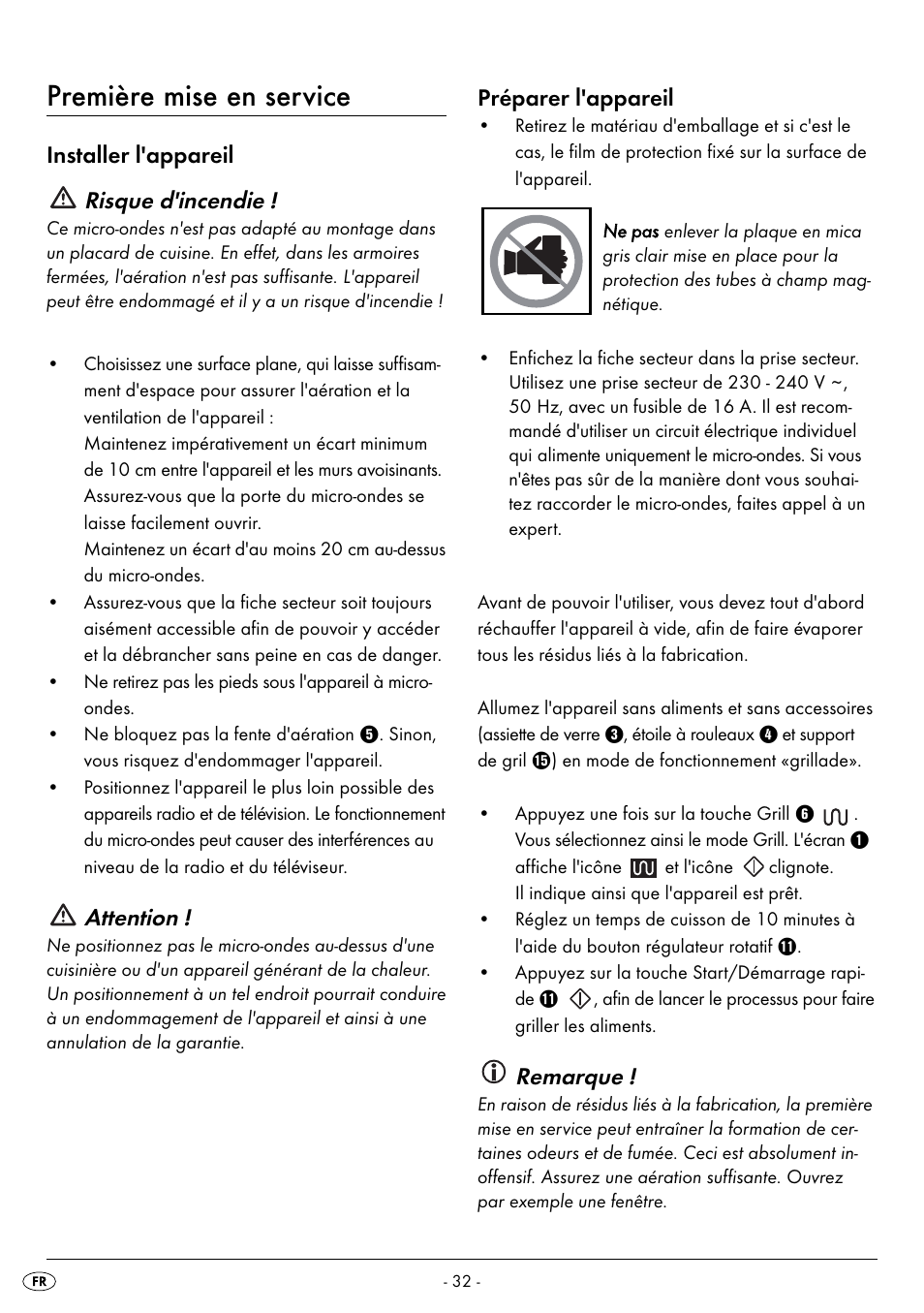 Première mise en service, Installer l'appareil risque d'incendie, Attention | Préparer l'appareil, Remarque | Silvercrest SMW 800 B2 User Manual | Page 35 / 91