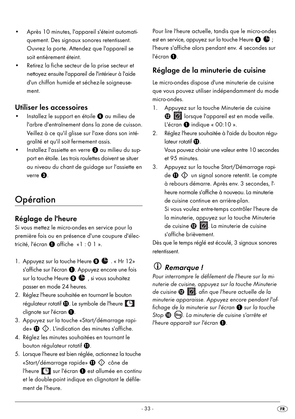 Opération, Utiliser les accessoires, Réglage de l'heure | Réglage de la minuterie de cuisine, Remarque | Silvercrest SMW 800 B2 User Manual | Page 36 / 91