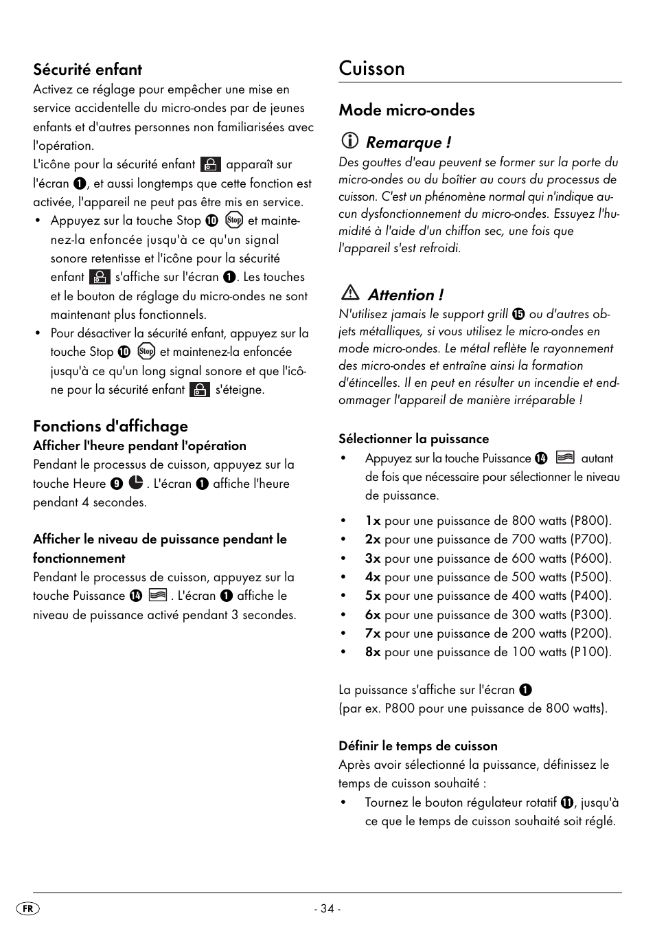 Cuisson, Sécurité enfant, Fonctions d'affichage | Mode micro-ondes remarque, Attention | Silvercrest SMW 800 B2 User Manual | Page 37 / 91