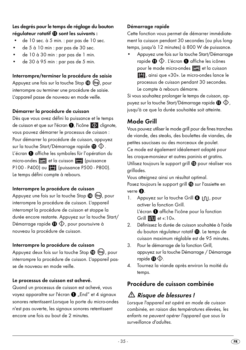 Mode grill, Procédure de cuisson combinée risque de blessures | Silvercrest SMW 800 B2 User Manual | Page 38 / 91