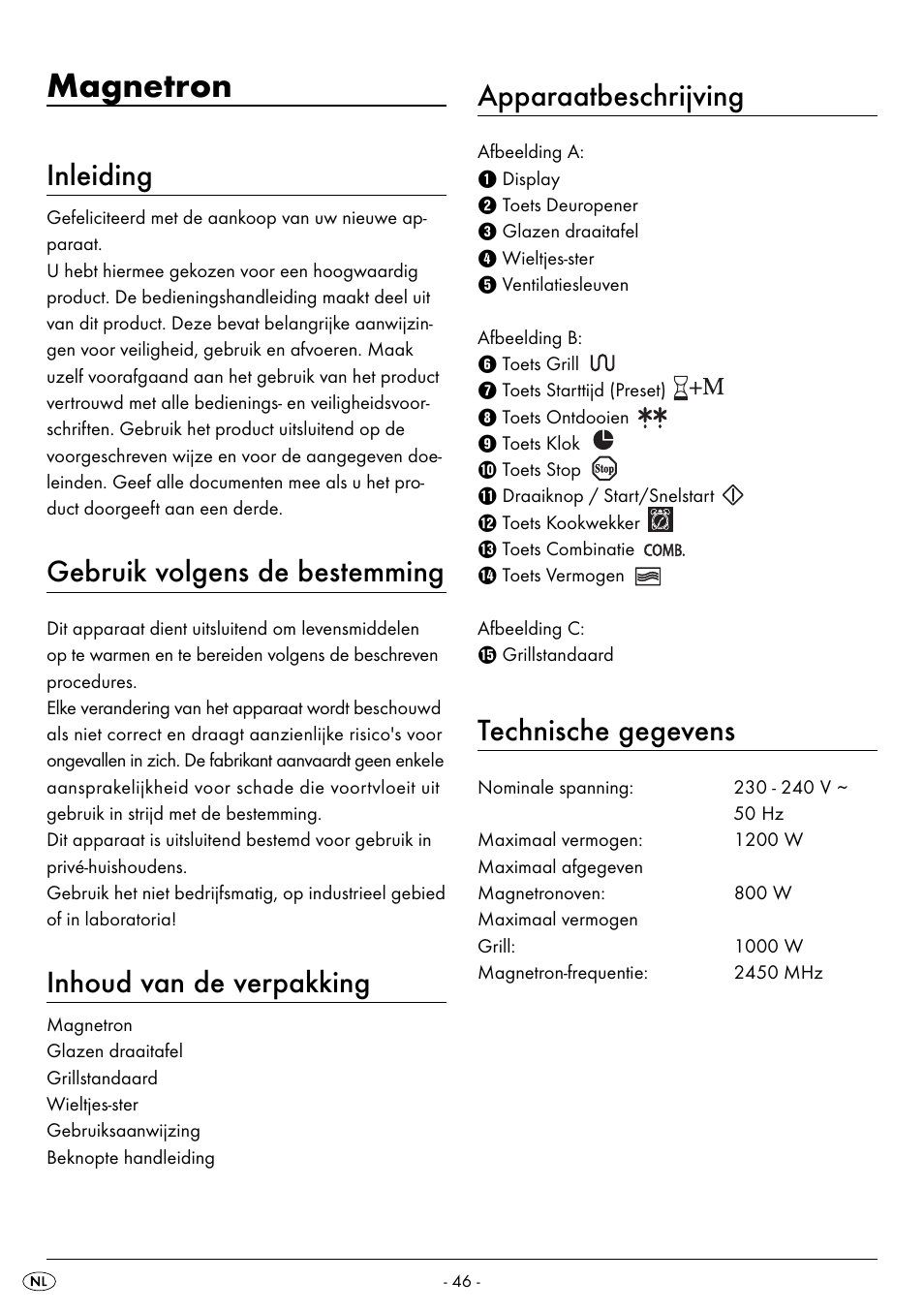 Magnetron, Inleiding, Gebruik volgens de bestemming | Inhoud van de verpakking, Apparaatbeschrijving, Technische gegevens | Silvercrest SMW 800 B2 User Manual | Page 49 / 91