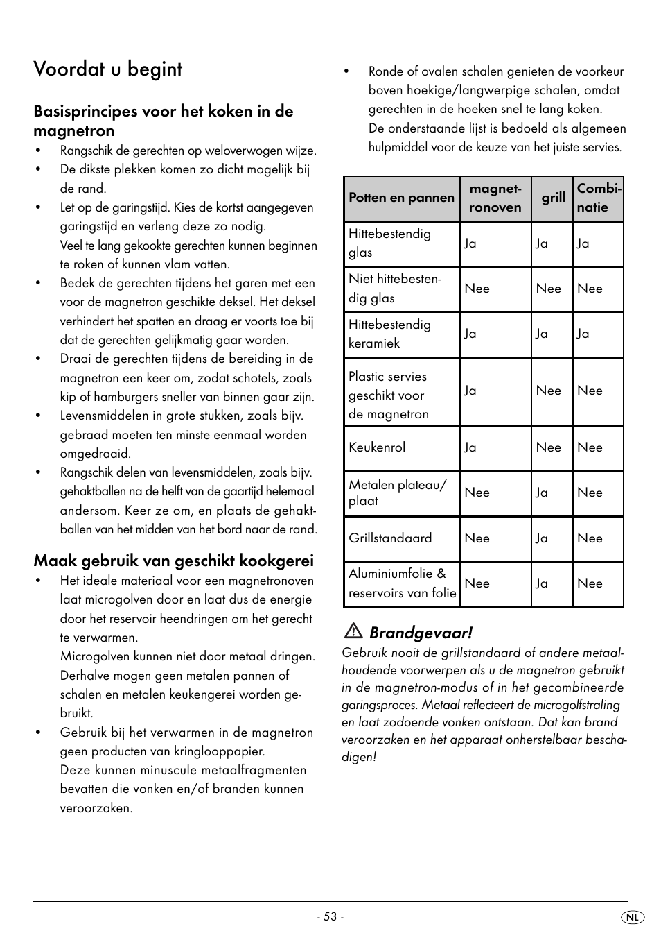 Voordat u begint, Basisprincipes voor het koken in de magnetron, Maak gebruik van geschikt kookgerei | Brandgevaar | Silvercrest SMW 800 B2 User Manual | Page 56 / 91